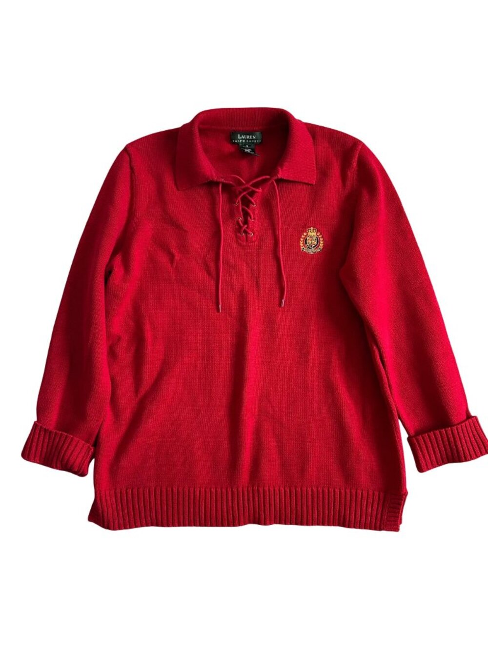 Lauren Ralph Lauren Y2K Womens Sz Small Red Knit Lace-Up Collar Sweater